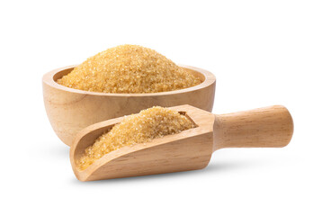 Brown sugar in wood bowl and scoop isolated on transparent png