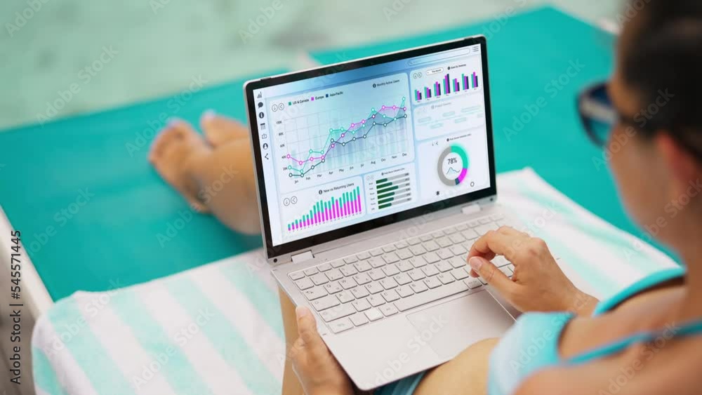 Poster businesswoman using analytics data kpi dashboard tech