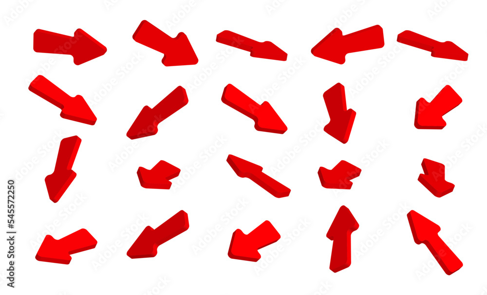 Poster set of 3d red arrow vectors with different shapes and directions. arrow. cursor. modern simple arrow