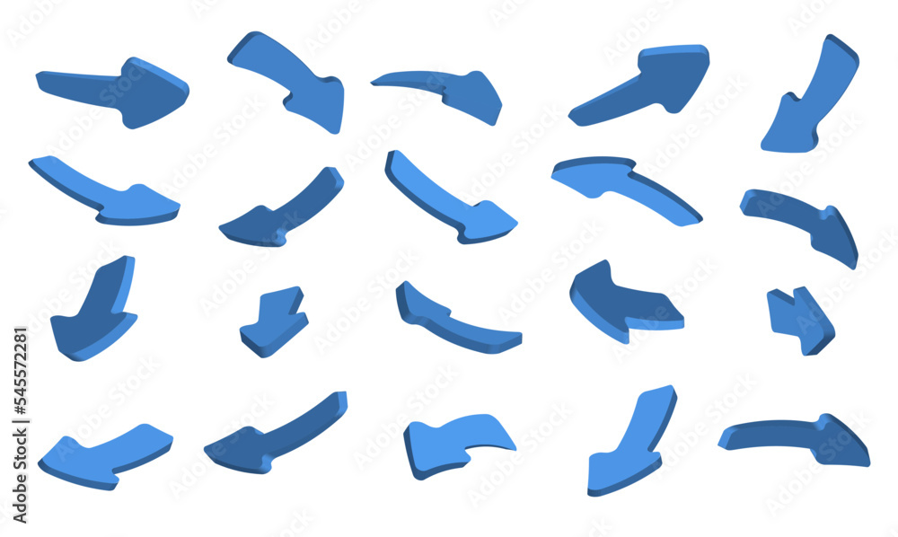 Poster set of 3d blue arrow vectors with different shapes and directions. arrow. cursor. modern simple arro
