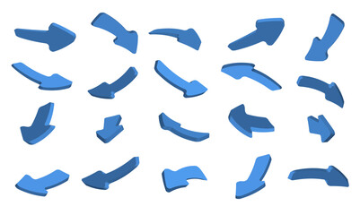 Set of 3d blue arrow vectors with different shapes and directions. Arrow. Cursor. Modern simple arrows.