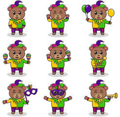 Vector illustration Bear wearing mardi gras clothes in different poses isolated on white background. A cartoon illustration of a Mardi Gras Bear. Mardi Gras jester, set. - obrazy, fototapety, plakaty