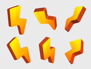 3d yellow lightning bolt icon vector collection with various side view. Lightning danger sign. isolated on white background