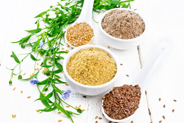 Bran and flour flaxseed in bowls on light board