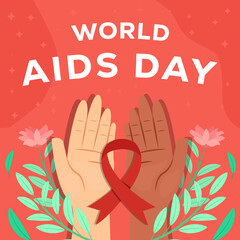 world aids day in flat design with hands and red bow ribbon