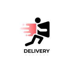 Courier runs with the parcel. The concept of fast delivery. Element of the logo. Vector illustration in a flat style