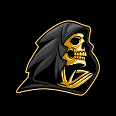grim reaper skull head and black cloak hood esports mascot logo