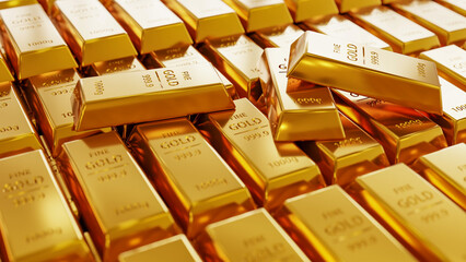 financial business concept, close shot of gold bars and banking investments