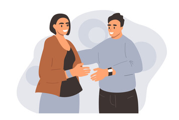 vector illustration in a flat style on the theme of partnership in business, the conclusion of an agreement. man and woman shake hands