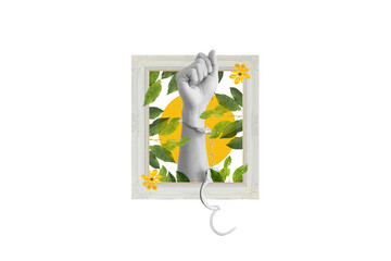 Digital collage modern art. Hand raised with handcuff and leaves, flowers in frame