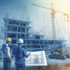 architects and construction workers planning and coordinating, project management, construction,...