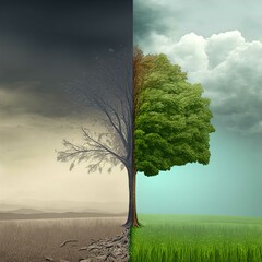 Two Trees in different landscapes, tree, sky, nature, landscape, sunset, grass, clouds, field, sun, blue, trees, fog, cloud, summer, meadow, light, countryside, night, forest, green, global warming