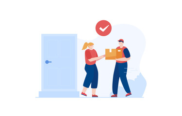 Fast delivery service. Delivery man giving box to customer door. Vector Illustration