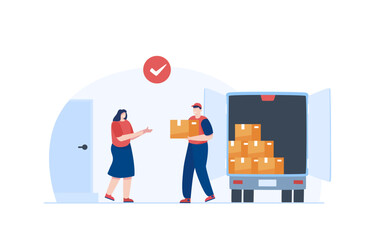 Door to door service. Delivery truck service. Delivery man giving parcel to customer. Vector Illustration