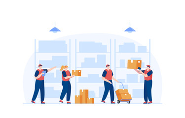 Fototapeta na wymiar A person working in a warehouse. Employees sort boxes on carts. Vector illustration