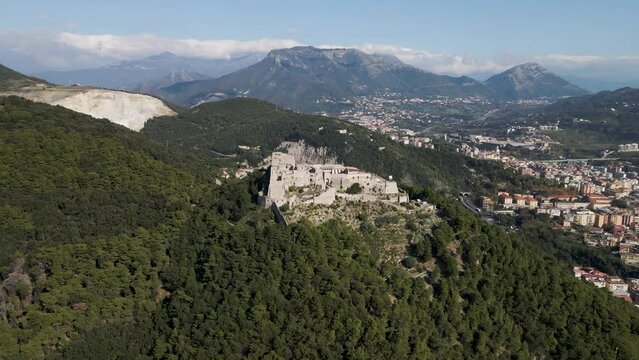 Aerial view of Arechi Castle on mountain top in Salerno, Campania, Italy.