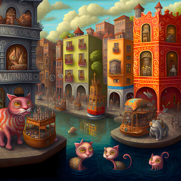Alebrijes with strange imaginary animals in a city, surrealism illustration