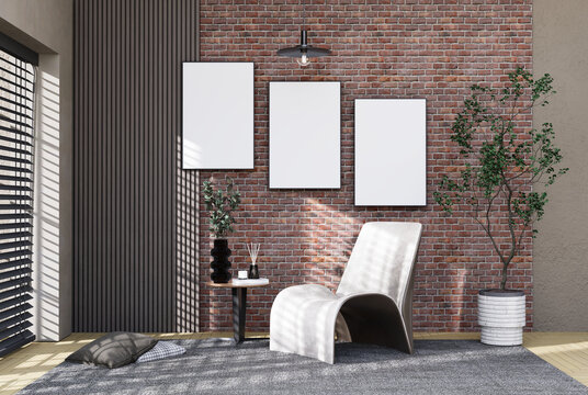 Mock up poster frame in modern interior fully furnished rooms