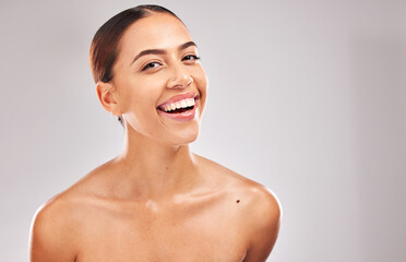 Beauty, skin and skincare with woman in cosmetic portrait, smile and healthy teeth, clean and glow against studio background. Natural cosmetics, fresh and facial with treatment and wellness mockup.