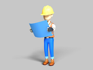 3d render illustration cute character worker and reading construction blueprint concept