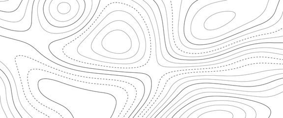 Abstract background with Topographic map lines. Black and white seamless design. Geographic mountain relief. The concept of a conditional geography scheme and the terrain path. .Topographic background