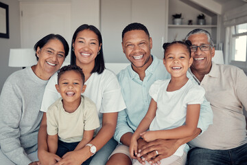 Grandparents, parents and children, family with love and generations in happiness portrait with...