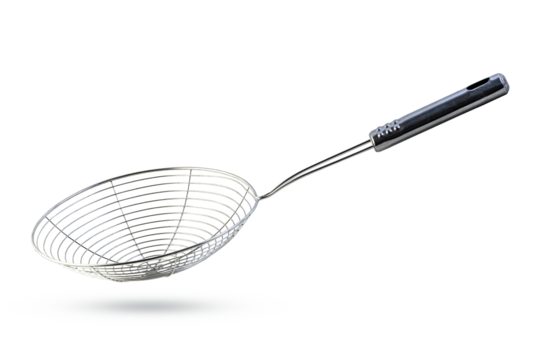 A Stainless Steel Spider Mesh Strainer Isolated On White Background