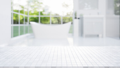 3d rendering of white mosaic counter or countertop with blur bathroom or shower room. Modern interior design in perspective. Empty space with grid line texture or pattern at surface for background.
