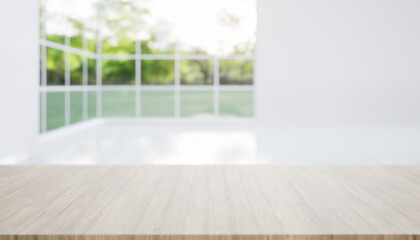 3d rendering of maple wood counter, table top. Include blur empty room, light from window and nature. Modern interior design in perspective. Empty space with wooden texture pattern for background.