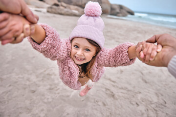 Girl, father or playing in spinning game on beach, ocean or sea holiday pov in trust, security or...