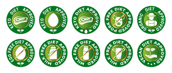 Keto Diet Approved, Pork Free, Organic, Egg, Milk and Vegan Certificate Badge Icon in Gold and Green Colors
