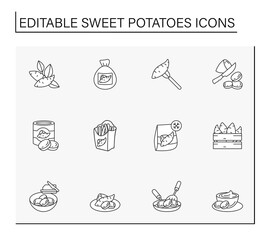  Sweet potato line icons set. Different types of potatoes.Superfoods. Vegetarian foods.Food concepts. Isolated vector illustrations. Editable stroke