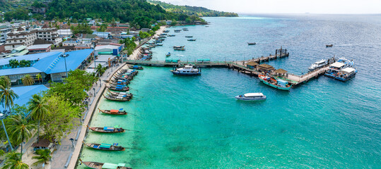 Fototapeta premium Aerial view of Ton Sai Beach in Koh Phi Phi, Krabi Thailand