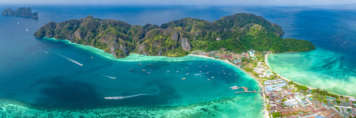 Aerial view of Ton Sai Beach in Koh Phi Phi, Krabi Thailand