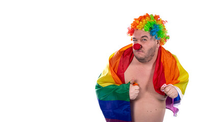 Funny fat clown with a gay flag.