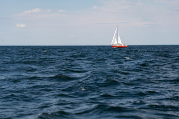 Obraz premium Sailing boat on blue open sea. Concept of Dream, adventure and freedom