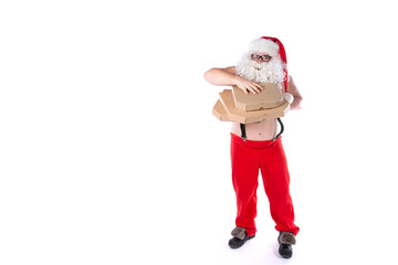 Fototapeta na wymiar Food delivery. Funny Santa Claus is holding a pizza box. White background.