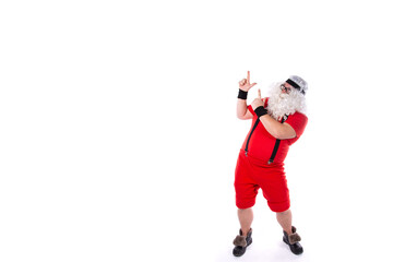 Funny Santa Claus goes in for sports. Man posing on a white background.