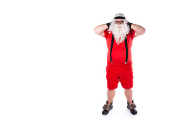 Funny Santa Claus goes in for sports. Man posing on a white background.