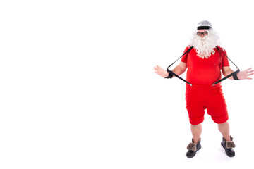 Funny Santa Claus goes in for sports. Man posing on a white background.