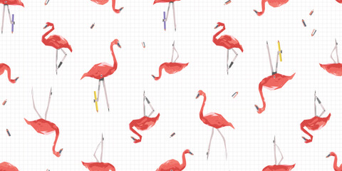 Seamless checkered school pattern with pink flamingos and pencils on a white background. A bird with a pen instead of a beak and legs - compasses. Animal print for cover geometry concept