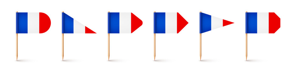 Realistic various French toothpick flags. Souvenir from France. Wooden toothpicks with paper flag. Location mark, map pointer. Blank mockup for advertising and promotions. Vector illustration