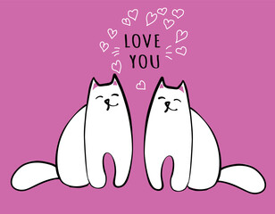 Two cats in love, cute animal couple with hearts, greeting card template - cartoon flat vector illustration. Valentines day