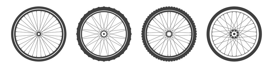 Black bicycle wheel symbols collection. Bike rubber tyre silhouettes. Fitness cycle, road and mountain bike. Vector illustration.