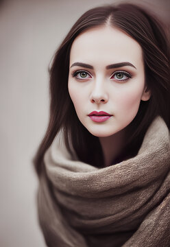 portrait of a woman,a woman with a scarf around her neck,winter,photorealistic painting