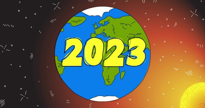 Planet Earth with number 2023. Line Art Animation. Cartoon animated space, cosmos on the background.