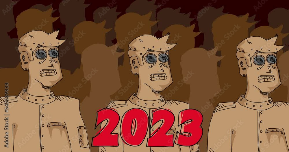 Poster robot army with number 2023. line art animated video. future robotics cartoon animation.