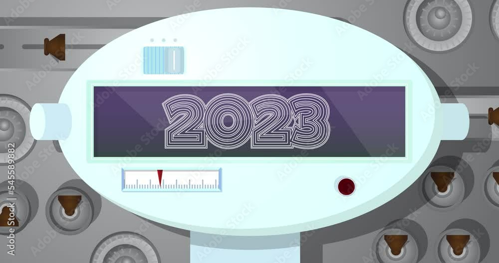 Poster robot eye showing number 2023. animated video. future robotics cartoon animation.