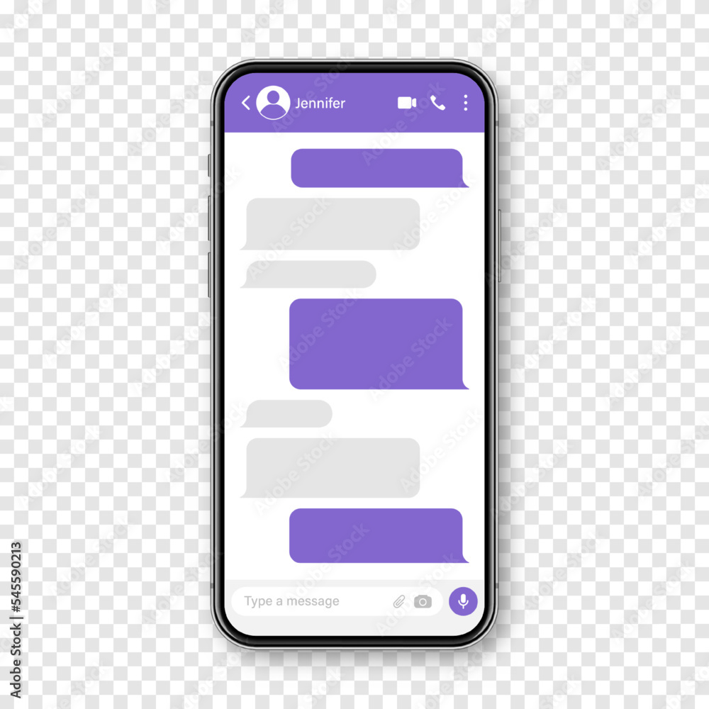 Wall mural realistic smartphone with messaging app. blank sms text frame. conversation chat screen with violet 