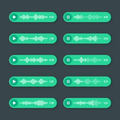 Voice, audio message, green speech bubble. SMS text frame. Social media chat or messaging app conversation. Voice assistant, recorder. Sound wave pattern. Dark mode. Vector illustration